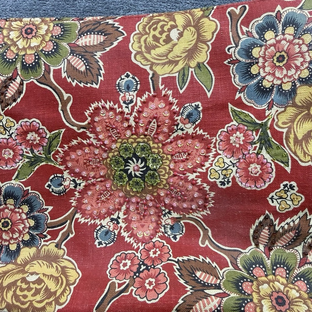Floral Beaded Canvas Shoulder Bag Red Boho Tapestry Print Zip Top Purse - Picture 5 of 12